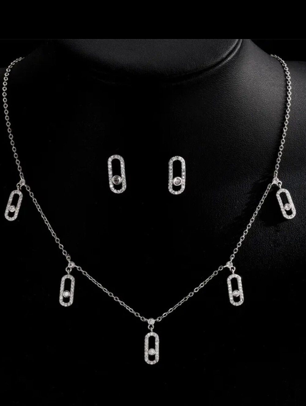 14K White Gold Plated Geometrical Link Paperclip Diamond Necklace & Earrings